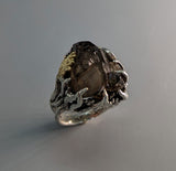 Smoky Quartz Crystal Cluster, Sterling Silver Ring with 14kt Gold