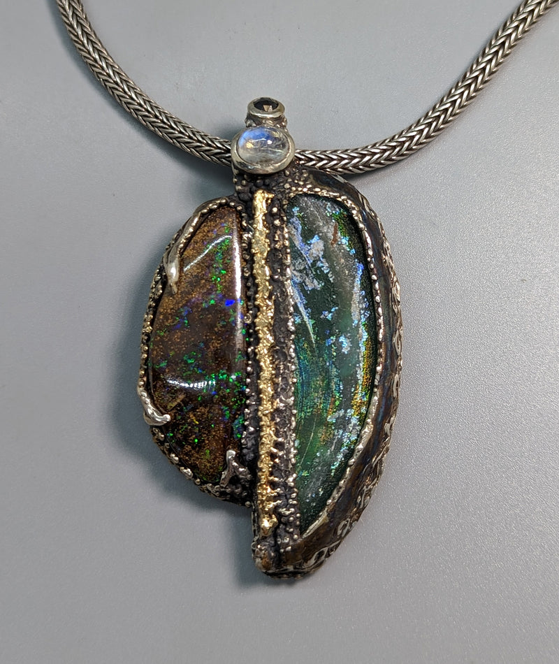 Bactrian Glass and Yowah Opal, Sterling Silver and 14kt Gold Pendant