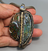 Bactrian Glass and Yowah Opal, Sterling Silver and 14kt Gold Pendant