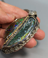 Bactrian Glass and Yowah Opal, Sterling Silver and 14kt Gold Pendant