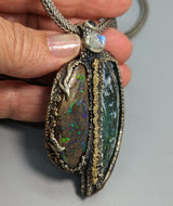 Bactrian Glass and Yowah Opal, Sterling Silver and 14kt Gold Pendant