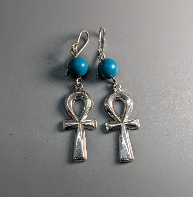 Sterling Silver Ankh Earrings with Turquoise