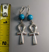 Sterling Silver Ankh Earrings with Turquoise