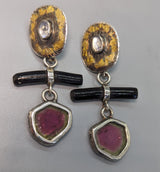 Keum Boo Earring Tops with Rainbow Moonstones, and Watermelon Tourmaline Drops