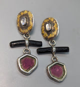 Keum Boo Earring Tops with Rainbow Moonstones, and Watermelon Tourmaline Drops