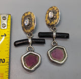 Keum Boo Earring Tops with Rainbow Moonstones, and Watermelon Tourmaline Drops