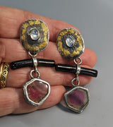 Keum Boo Earring Tops with Rainbow Moonstones, and Watermelon Tourmaline Drops