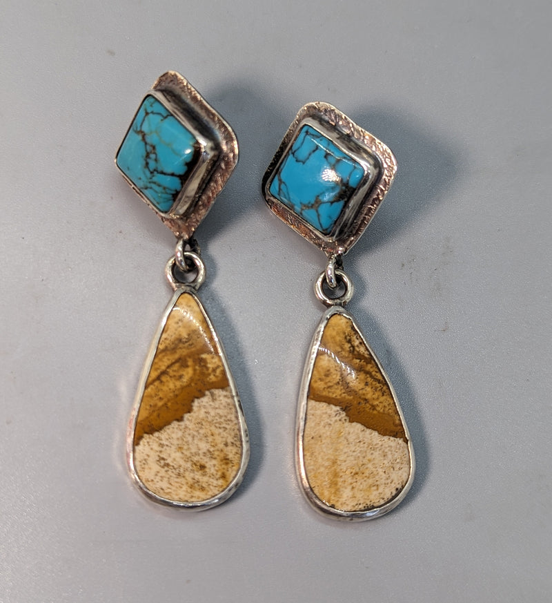 Turquoise Sterling Silver Earring Tops with Picture Jasper Sterling Silver Drops