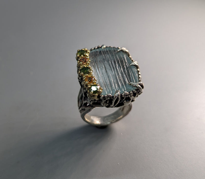 Carved Aquamarine Sterling Silver and 14kt Gold Ring