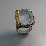 Carved Aquamarine Sterling Silver and 14kt Gold Ring
