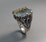 Carved Aquamarine Sterling Silver and 14kt Gold Ring