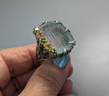 Carved Aquamarine Sterling Silver and 14kt Gold Ring