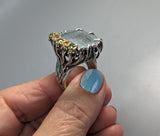 Carved Aquamarine Sterling Silver and 14kt Gold Ring