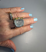 Carved Aquamarine Sterling Silver and 14kt Gold Ring