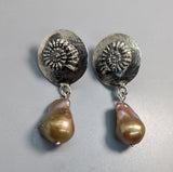 Ammonite Design Sterling Silver Earring Tops with Freshwater Pearl Drops