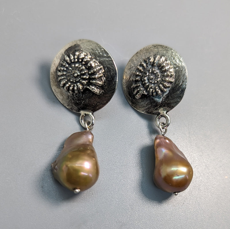 Ammonite Design Sterling Silver Earring Tops with Freshwater Pearl Drops