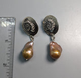 Ammonite Design Sterling Silver Earring Tops with Freshwater Pearl Drops