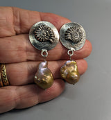 Ammonite Design Sterling Silver Earring Tops with Freshwater Pearl Drops