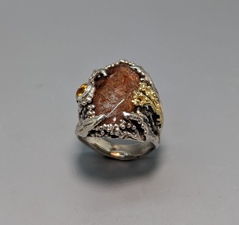 Rainbow Lattice Sunstone, Sterling Silver and 14kt Gold Ring