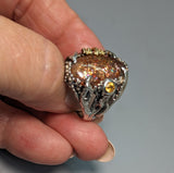 Rainbow Lattice Sunstone, Sterling Silver and 14kt Gold Ring