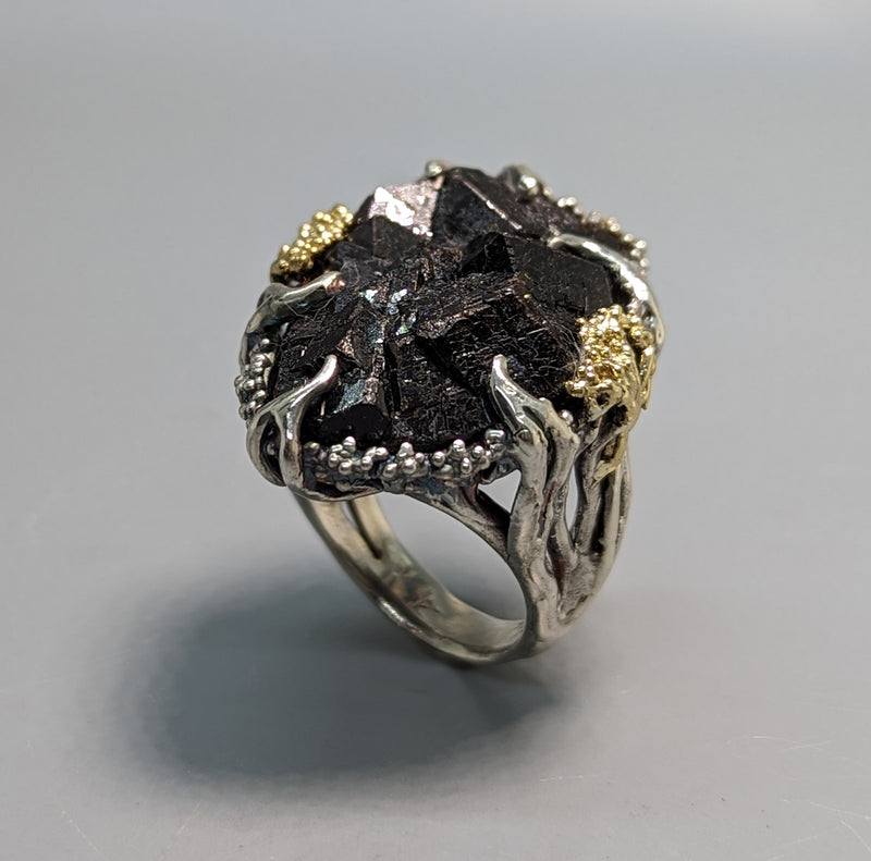 Andradite Garnet Crystal Cluster, Sterling Silver and 14kt Gold Ring