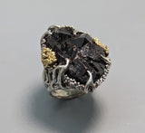 Andradite Garnet Crystal Cluster, Sterling Silver and 14kt Gold Ring