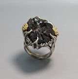 Andradite Garnet Crystal Cluster, Sterling Silver and 14kt Gold Ring