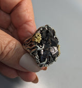Andradite Garnet Crystal Cluster, Sterling Silver and 14kt Gold Ring