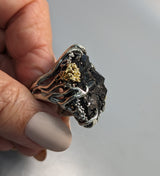 Andradite Garnet Crystal Cluster, Sterling Silver and 14kt Gold Ring