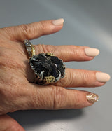 Andradite Garnet Crystal Cluster, Sterling Silver and 14kt Gold Ring