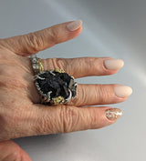 Andradite Garnet Crystal Cluster, Sterling Silver and 14kt Gold Ring