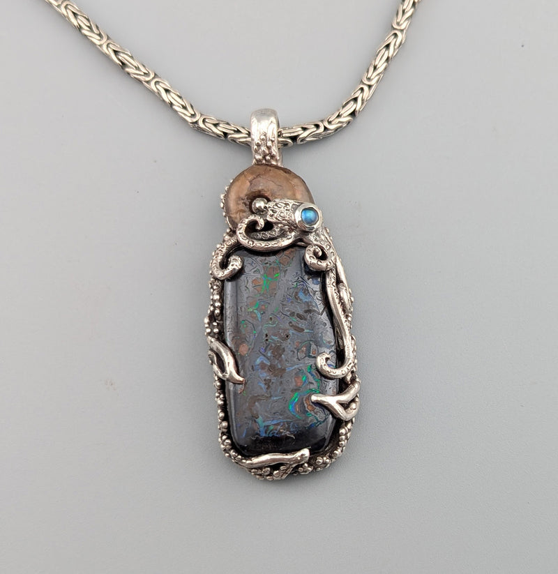 Yowah Opal and Ammonite Fossil in Sterling Silver Jurassic Classics Pendant