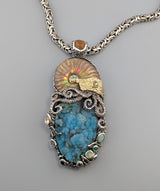 Large Jurassic Classic SS/14kt Pendant with Drusy Chrysocolla, Ammonite Fossil and Stones