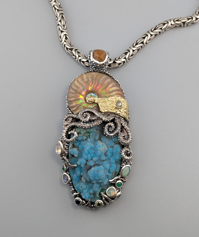 Large Jurassic Classic SS/14kt Pendant with Drusy Chrysocolla, Ammonite Fossil and Stones