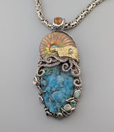 Large Jurassic Classic SS/14kt Pendant with Drusy Chrysocolla, Ammonite Fossil and Stones