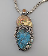 Large Jurassic Classic SS/14kt Pendant with Drusy Chrysocolla, Ammonite Fossil and Stones