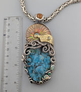Large Jurassic Classic SS/14kt Pendant with Drusy Chrysocolla, Ammonite Fossil and Stones