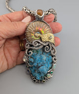 Large Jurassic Classic SS/14kt Pendant with Drusy Chrysocolla, Ammonite Fossil and Stones