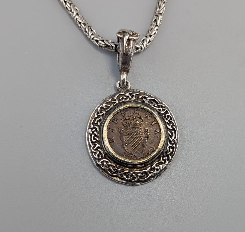 Irish Harp Coin (Farthing), Sterling Silver and 14kt Gold Pendant