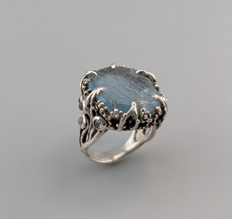 Carved Natural Surface Aquamarine, Sterling Silver Ring