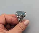 Carved Natural Surface Aquamarine, Sterling Silver Ring