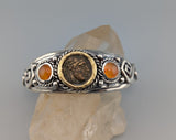 Ancient Bronze Coin, AE 20, Apollo, Sterling Silver and 14kt Gold Bracelet