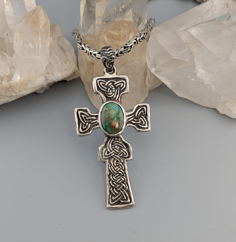 Large Sterling Silver Fahan Mura Celtic Cross with Turquoise