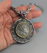 Pergamon, Eumenes II, Ancient Coin, AR Tetradrachm, Sterling Silver and 14kt Gold Pendant