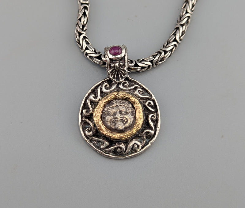 Gorgon, Ancient AR Hemidrachm, Sterling Silver and 14kt Gold Pendant