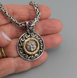 Gorgon, Ancient AR Hemidrachm, Sterling Silver and 14kt Gold Pendant