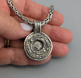 Gorgon, Ancient AR Hemidrachm, Sterling Silver and 14kt Gold Pendant