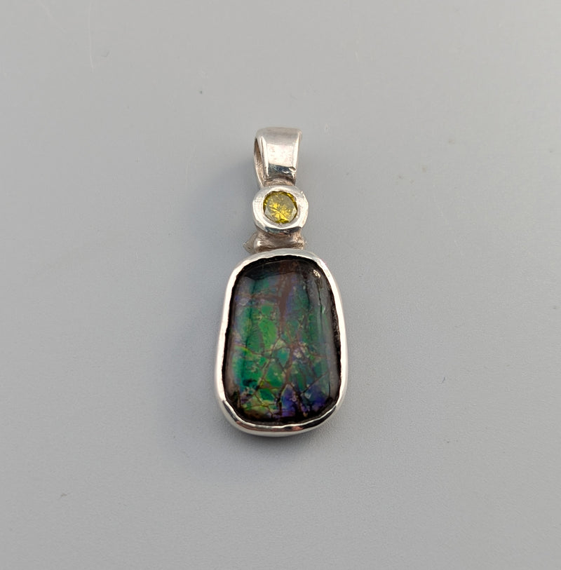 Small Ammolite Sterling Silver Pendant with Yellow Diamond