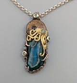 Nacreous Ammonite Fossil and Drusy Chrysocolla in Sterling Silver and 14kt Gold "Jurassic Classic" Pendant