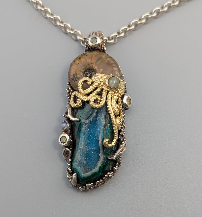 Nacreous Ammonite Fossil and Drusy Chrysocolla in Sterling Silver and 14kt Gold